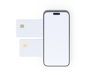 Smartphone and plastic credit card templates. Empty debit card with chip card isolated on background. Mockup empty concept for saving money wealth and financial, technology payment, digital purchase.