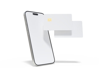 Smartphone and plastic credit card templates. Empty debit card with chip card isolated on background. Mockup empty concept for saving money wealth and financial, technology payment, digital purchase.