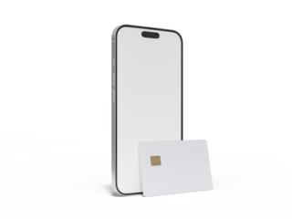 Smartphone and plastic credit card templates. Empty debit card with chip card isolated on background. Mockup empty concept for saving money wealth and financial, technology payment, digital purchase.