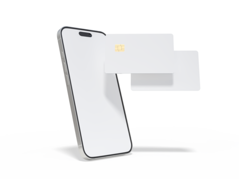 Smartphone and plastic credit card templates. Empty debit card with chip card isolated on background. Mockup empty concept for saving money wealth and financial, technology payment, digital purchase.