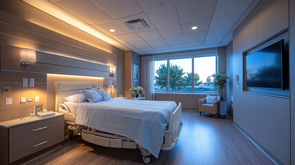 A clean and organized hospital room designed for elderly patients, featuring accessible amenities and a safe, modern design