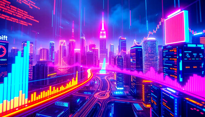 Futuristic Cyberpunk City Skyline with Digital Data, Stock Market Graphs, and Neon Lights – Sci-Fi Urban Landscape, Financial Technology, AI, Smart City, Met avers, Big Data Analytics, and Virtual Eco
