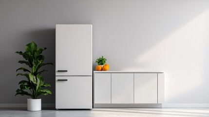 Modern refrigerator and cabinet with plants and oranges in minimalist setting