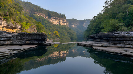 Fototapeta premium Serene River Landscape with Green Hills and Rock Formations