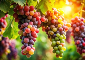 Lush Pink, Red & Green Grapes Hanging on Vine - Fresh Fruit Stock Photo
