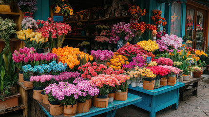 A colorful market stall selling fresh tropical flowers, orchids, and lotuses