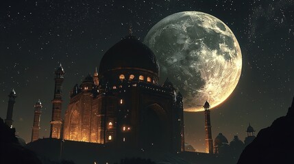 Obraz premium Surreal Mosque on a Lunar Landscape with a Giant Full Moon, Creating a Dreamlike and Ethereal Scene
