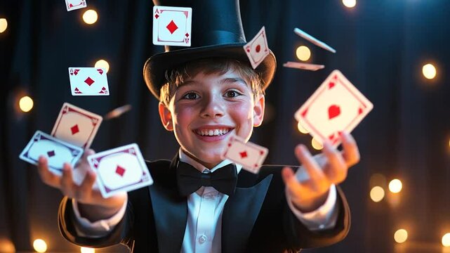 Child magician performing card trick on stage with falling cards