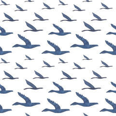 Flying birds, gees seamless pattern isolated on white. High quality hand-drawn watercolor simple flat illustration for landscapes, scrapbooking, wrapping paper, textile, souvenirs decor and design