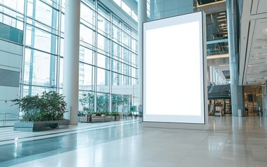 Fototapeta premium Empty white advertising screen in office building lobby; tall vertical OOH billboard