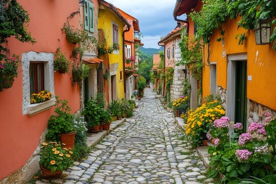 Cobblestone street going through colorful houses with flowers in Rastoke, Croatia
