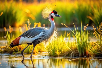 Obraz premium Majestic Crested Crane Foraging in Wetlands: Wildlife Photography