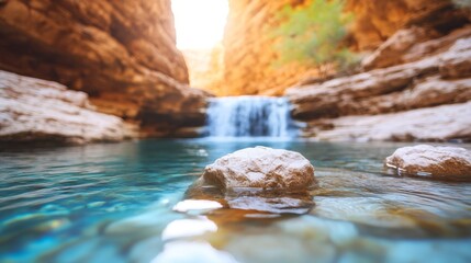 Obraz premium Canyon Waterfall Pool, Sunlight, Rocks, Waterfalls