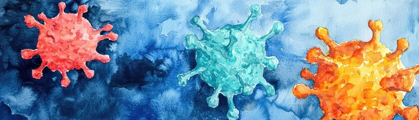 Fototapeta premium Abstract illustration of colorful virus structures set against a textured blue background, representing themes of infection and disease.