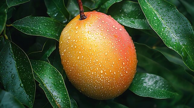Ripe mango on tree, orchard, rain, tropical fruit, healthy food, website, blog