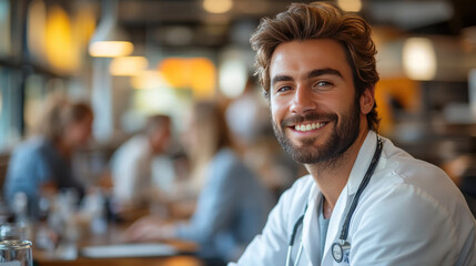 A hospital cafeteria where doctors and nurses are taking a break, engaging in casual conversations