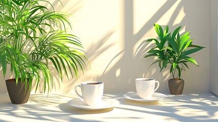 The light and shadow of cups and plates on the sunny terrace