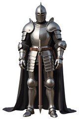 A medieval knight in steel armor holding a sword, ready for battle
