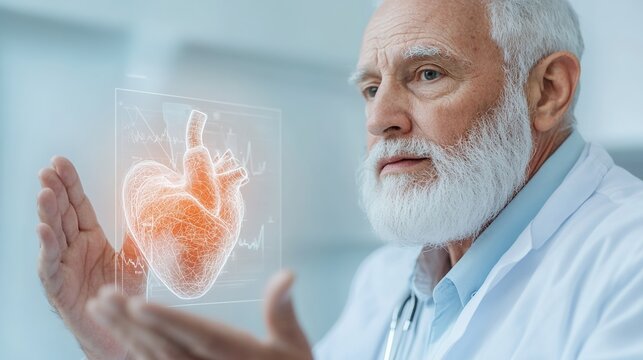 Senior Doctor Examining 3D Heart Model with Digital Interface