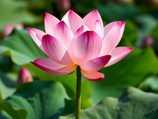 Stunning Pink Lotus Flower Blossom in Full Bloom Close Up View in Lush Green Pond