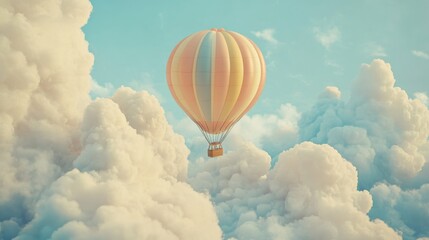 Fototapeta premium Pastel Hot Air Balloon Soaring Through Fluffy Clouds