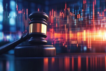 Gavel striking a block with stock market graphs in the background, representing economic policies influenced by legal decisions