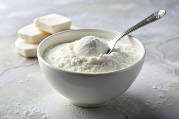 Top View of Powdered Milk in Bowl with Spoon - Dairy Product Ingredient