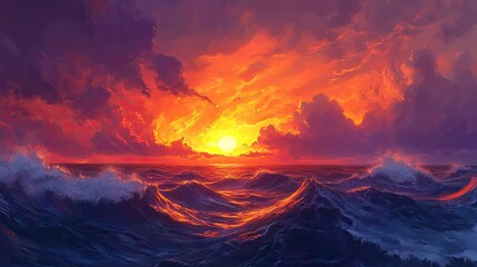 Vibrant sunset over a stormy sea creating a dramatic view