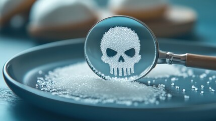 A close-up of sugar granules on a plate, revealing a skull and warning signs under a magnifying glass, symbolizes the dangers of excessive sugar consumption, health risks, dietary awareness