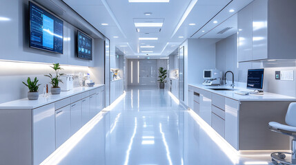 A state-of-the-art surgery center with a clean, futuristic design, digital patient monitoring systems, and AI integration