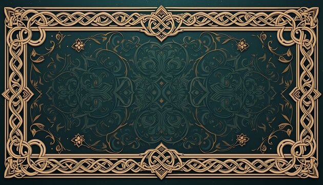 Intricate Celtic Ornament Design with Golden Frame on Dark Green Background