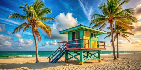 Naklejka premium Vibrant Hollywood Beach Lifeguard Tower, Sunny Florida Day