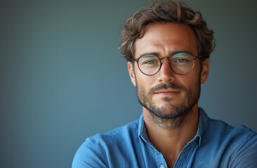 Fototapeta premium Confident Bearded Man in Glasses with Arms Crossed – Professional Portrait with Casual Blue Shirt, Isolated on White Background. Strong Expression, Sharp Focus, and Copy Space for Design Use