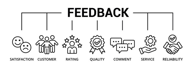 Feedback banner icon with satisfaction, customer, rating, quality, comment, service, reliability