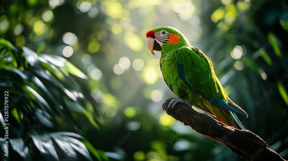 Aufkleber green parrot with red and orange cheeks perched on branch in lush jungle, sunlight filtering through