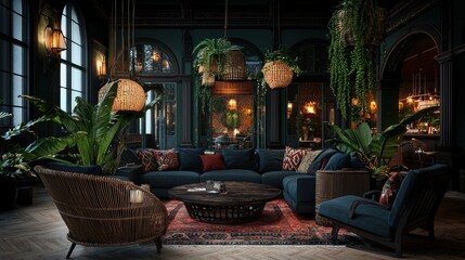 Obraz premium Cozy and stylish living room with plants, dark decor, and a warm ambiance in a modern setting