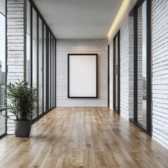 Fototapeta premium Bright modern hallway featuring framed blank picture and plant