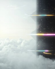 A futuristic scene featuring a towering structure amidst clouds, with colorful bands of light illuminating the atmosphere.