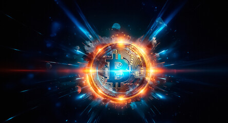 Fototapeta premium Energetic, glowing circle bursts with blue and orange light streaks in darkness. Rays of light radiate outward from the center point. Cosmic setting.