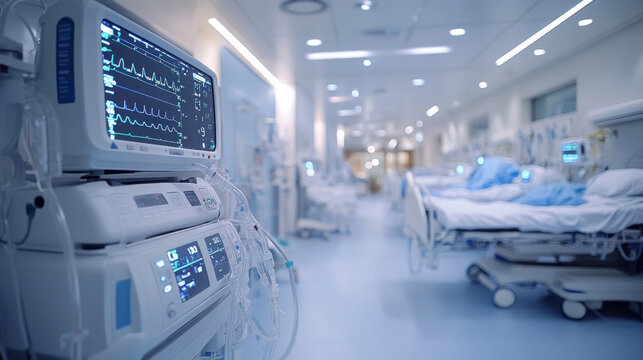 An intensive care unit (ICU) with a critically ill patient connected to ventilators and monitors, under close observation