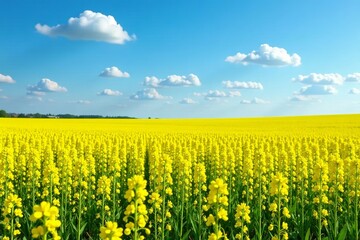 Fototapeta premium Panoramic view of endless yellow rape flower fields under blue sky, environment, rural, scenic