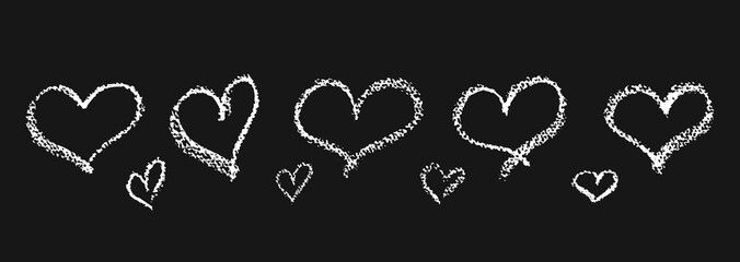 Set of white outline hearts signs drawn by wax pencil. Love symbols in doodle style. Collection of hand drawn kid elements for valentine card or rock, hip hop music poster design. Vector illustration