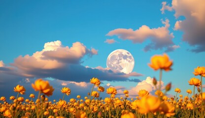 A sun-kissed field of vibrant yellow chrysanthemum-like flowers stretches towards a clear, bright blue sky, creating a cheerful and uplifting scene.