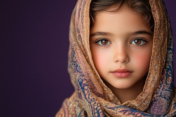 A beautiful child wearing a patterned scarf looks directly at the camera
