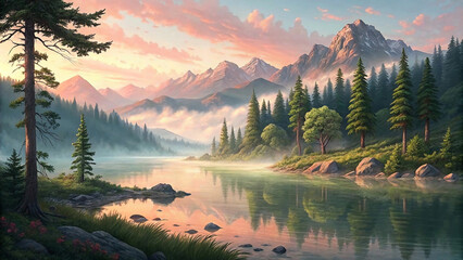 A breathtaking mountain landscape with a misty lake, lush greenery, and golden sunlight creating a peaceful ambiance.
A serene lakeside view reflecting towering mountains, morning mist, and vibrant gr