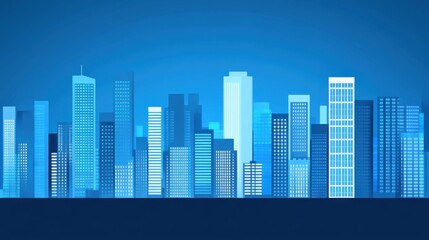 Obraz premium A vibrant blue skyline featuring tall, modern skyscrapers with a digital aesthetic, creating a futuristic urban landscape.