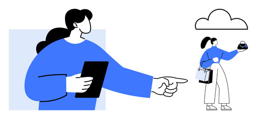 Two people, one holding a tablet and pointing, the other holding shopping bags and a purse, with a cloud above. Ideal for e-commerce, technology, communication, guidance, teamwork digital