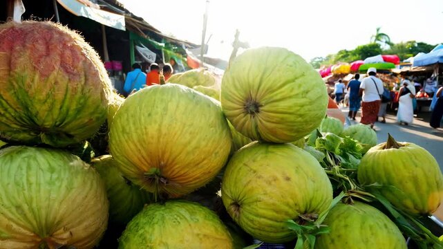 Pan across vibrant guavas with verdant tops standing neatly in rows at a busy street market, displaying fresh tropical produce ready for purchase, bright sunlight