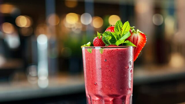 Refreshing fruit smoothie poured into a clear glass with strawberries and mint leaves on a wooden table in a cozy bar setting