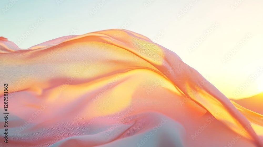 Poster soft pink and orange translucent fabric waves gently flow with sunlight. serenity and tranquility co